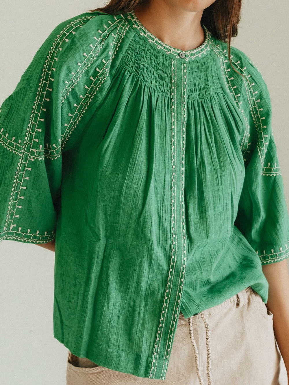Indi & Cold Brand New W/Tags Embroidered Green Peasant Blouse with Smocked Yoke